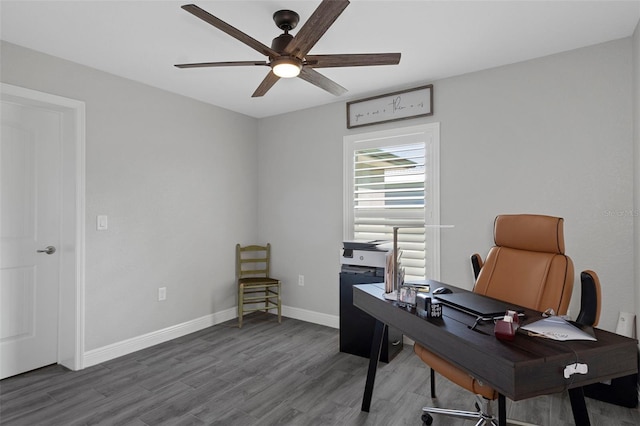 office area with wood-type flooring and ceiling fan