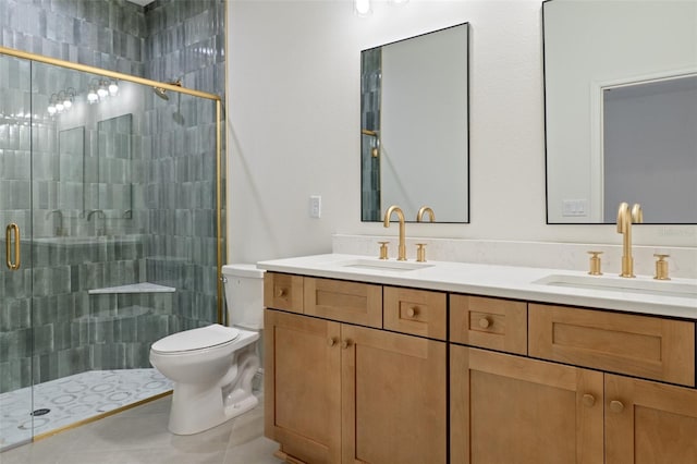 bathroom featuring tile patterned flooring, vanity, walk in shower, and toilet