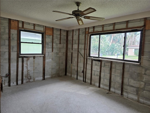 carpeted spare room featuring ceiling fan and a textured ceiling