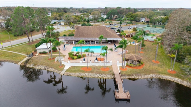 bird's eye view with a water view