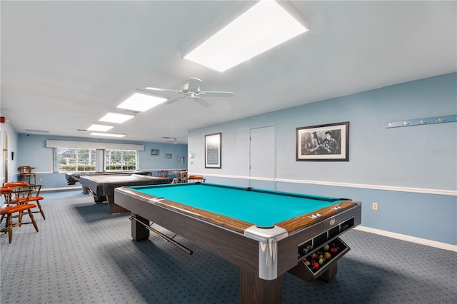 recreation room with ceiling fan, pool table, and carpet flooring