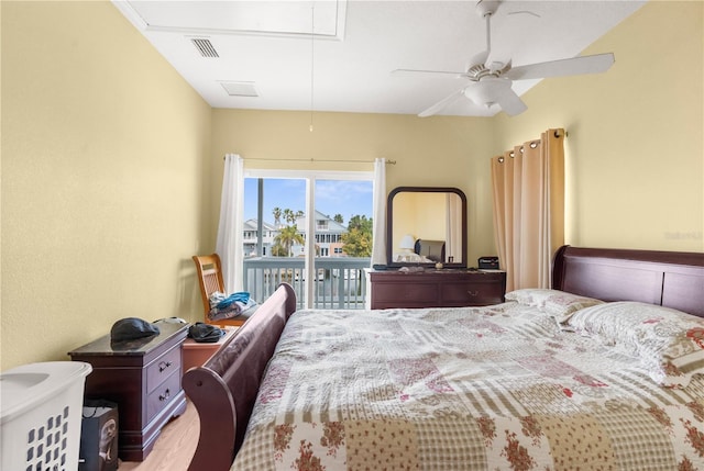 bedroom with ceiling fan, light hardwood / wood-style floors, and access to outside