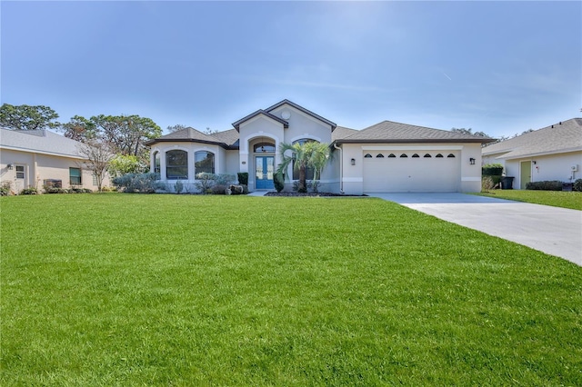 view of front of property with a garage, a front lawn, and french doors