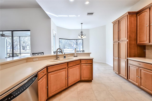 kitchen with sink, light tile patterned floors, ceiling fan with notable chandelier, decorative light fixtures, and stainless steel dishwasher