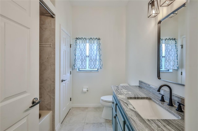 full bathroom with vanity, toilet, and bathing tub / shower combination