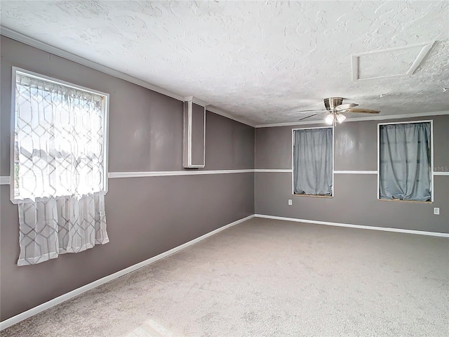 carpeted empty room featuring ceiling fan and a textured ceiling