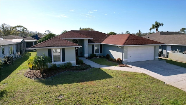 ranch-style home with a garage, a front yard, concrete driveway, and stucco siding