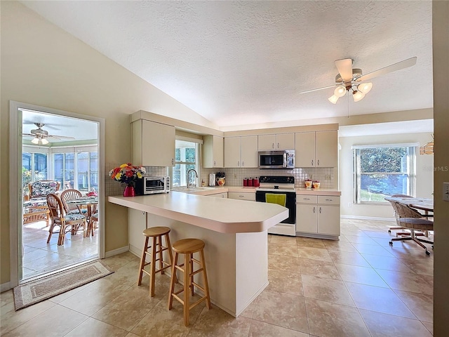 kitchen with electric stove, tasteful backsplash, stainless steel microwave, a sink, and a peninsula