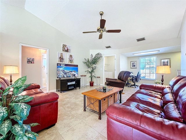 living room with ceiling fan, visible vents, vaulted ceiling, and baseboards