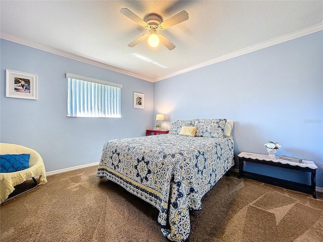 carpeted bedroom with a textured ceiling, baseboards, a ceiling fan, and crown molding