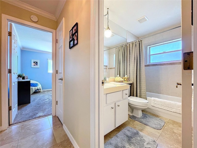 ensuite bathroom with tile patterned flooring, toilet, vanity, ornamental molding, and shower / bath combination with curtain