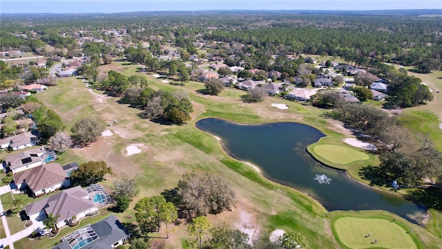 aerial view featuring a water view, a residential view, and golf course view