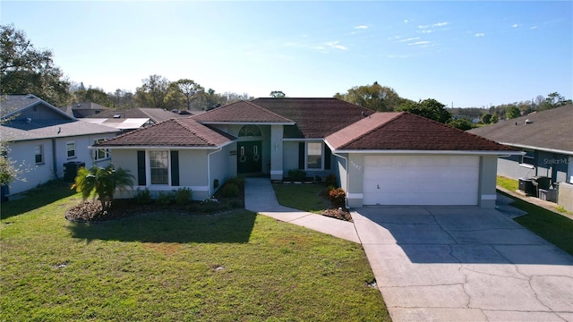 view of front of house with a garage, a front yard, concrete driveway, and stucco siding