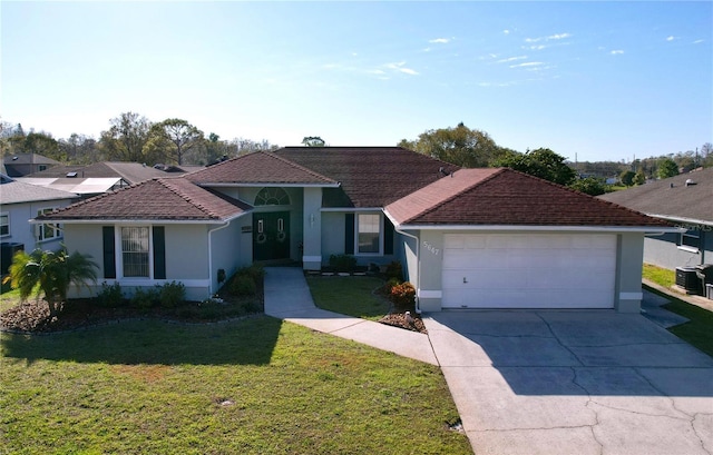 view of front facade featuring a garage, concrete driveway, a front yard, and stucco siding