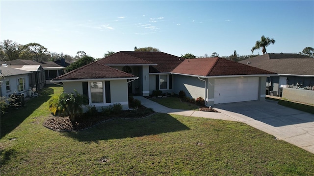 ranch-style home with a garage, a front yard, driveway, and stucco siding