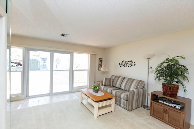 living room featuring light carpet and a textured ceiling