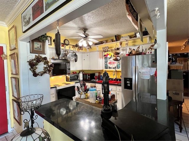 kitchen featuring stainless steel fridge with ice dispenser, a textured ceiling, white cabinets, ceiling fan, and white range with electric stovetop