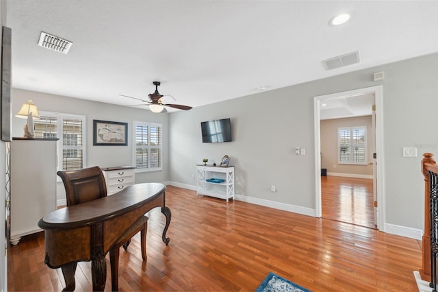 18819 Sunterra Dr, Land O Lakes, FL 34638 - home office featuring wood finished floors, ceiling fan, healthy amount of natural light, baseboards, and recessed lighting