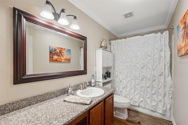 18819 Sunterra Dr, Land O Lakes, FL 34638 - bathroom with ornamental molding, vanity, toilet, wood finished floors, and shower / bath combination with curtain