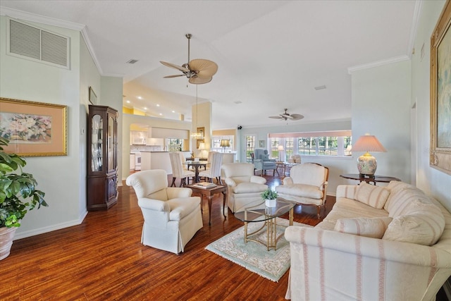 living room featuring dark hardwood / wood-style flooring, crown molding, vaulted ceiling, and ceiling fan