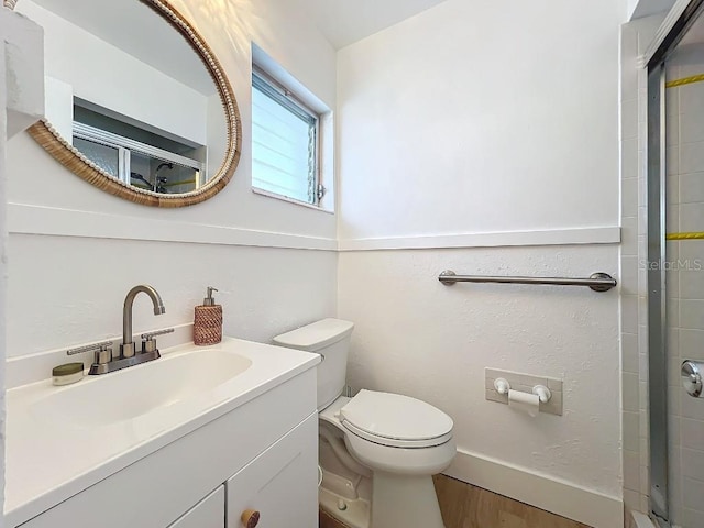 bathroom featuring vanity, wood-type flooring, and toilet