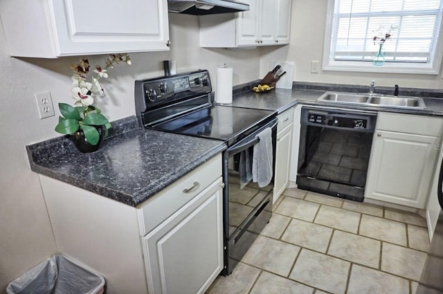 kitchen featuring white cabinetry, sink, and black appliances