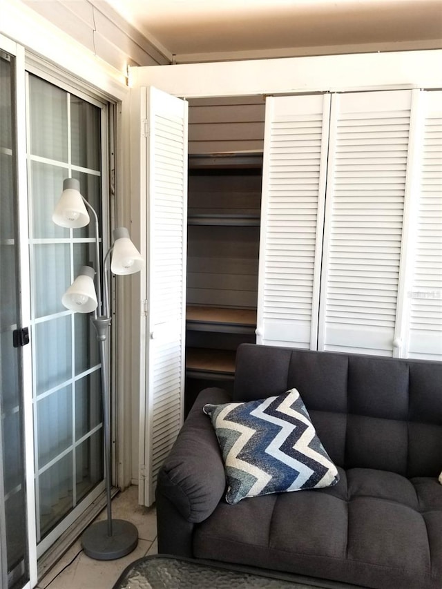 living room featuring tile patterned flooring