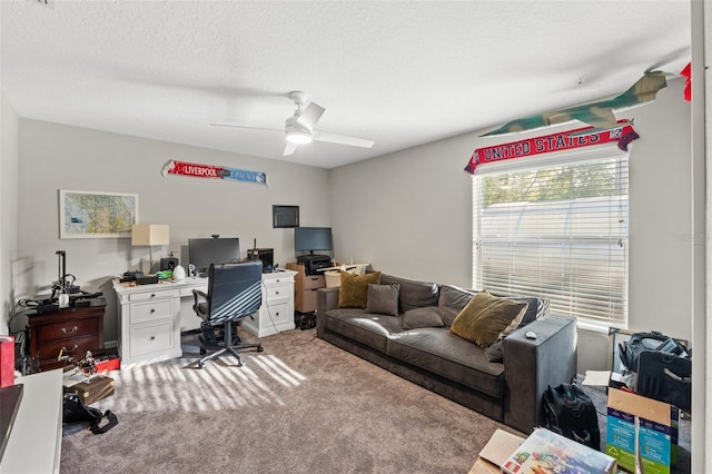 carpeted home office featuring ceiling fan and a textured ceiling