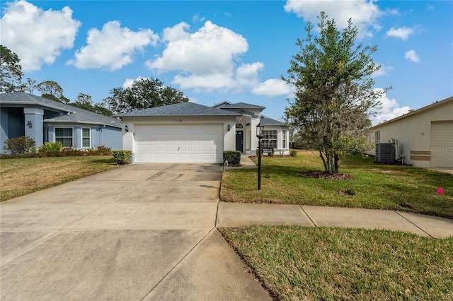 single story home with a garage, central AC unit, and a front lawn