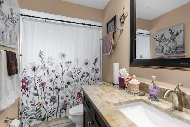 bathroom featuring vanity, toilet, and a shower with shower curtain