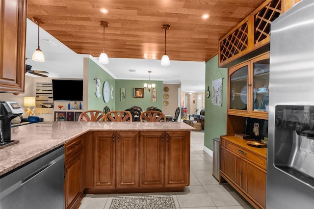 kitchen featuring light tile patterned flooring, wood ceiling, light stone counters, decorative light fixtures, and stainless steel appliances