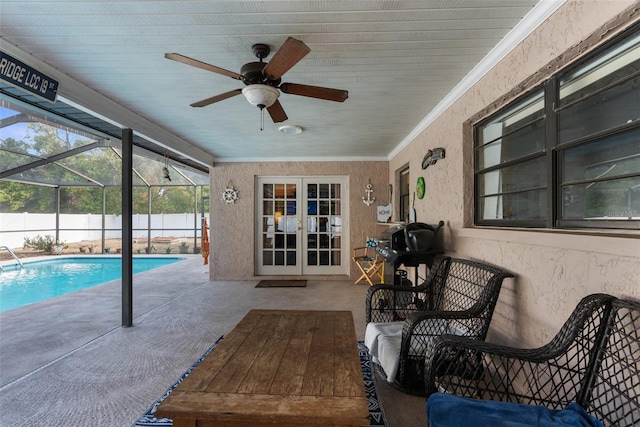 view of pool featuring a patio, a grill, ceiling fan, and french doors