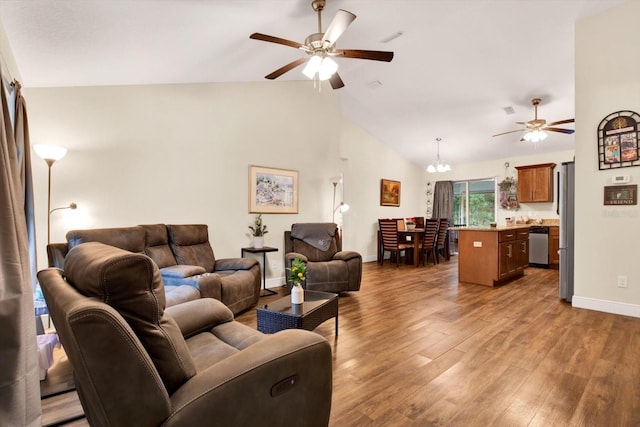 living room with high vaulted ceiling, wood finished floors, visible vents, a ceiling fan, and baseboards