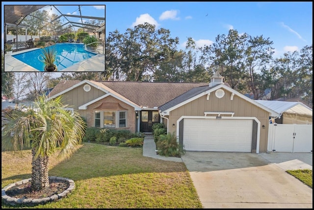 ranch-style house with a fenced in pool, a garage, glass enclosure, and a front lawn