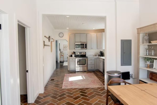 kitchen featuring stainless steel appliances, gray cabinets, and electric panel