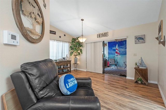 living room featuring hardwood / wood-style flooring and lofted ceiling