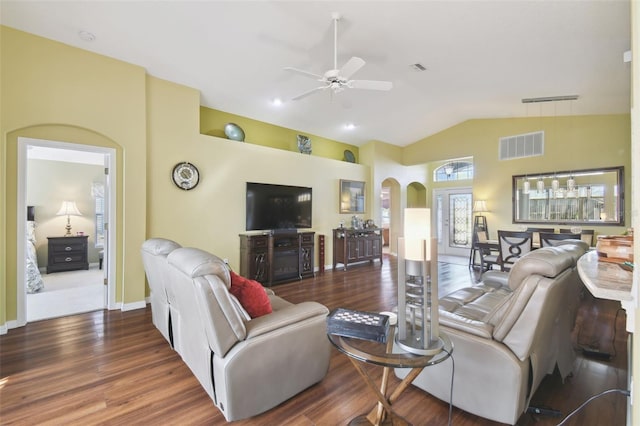 living room with lofted ceiling, dark hardwood / wood-style floors, and ceiling fan