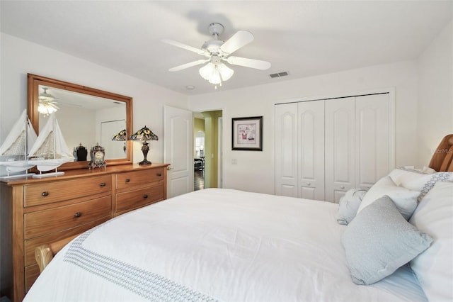 bedroom featuring ceiling fan and a closet