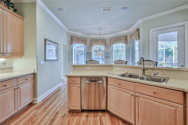 kitchen with sink, dishwasher, ornamental molding, light hardwood / wood-style floors, and light brown cabinetry