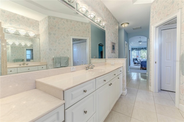 bathroom with vanity, tile patterned floors, and ceiling fan