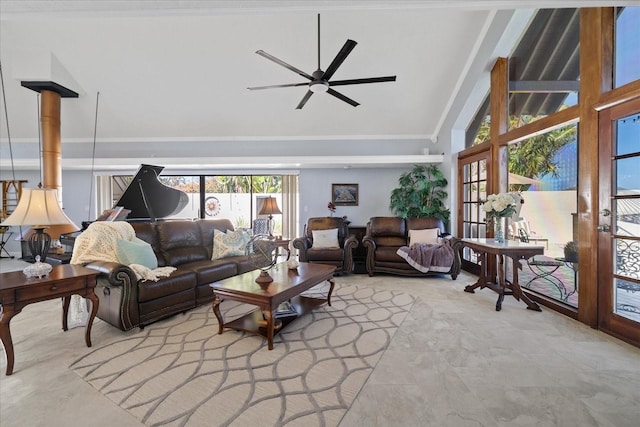 living room with crown molding, high vaulted ceiling, and ceiling fan