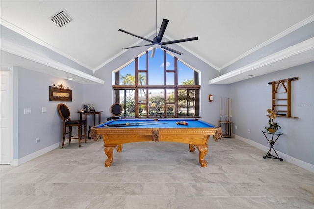 game room with pool table, ornamental molding, and ceiling fan