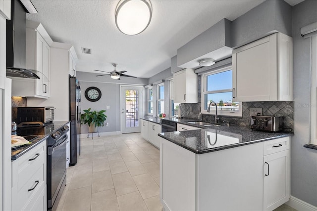 kitchen featuring white cabinetry, sink, backsplash, kitchen peninsula, and wall chimney exhaust hood