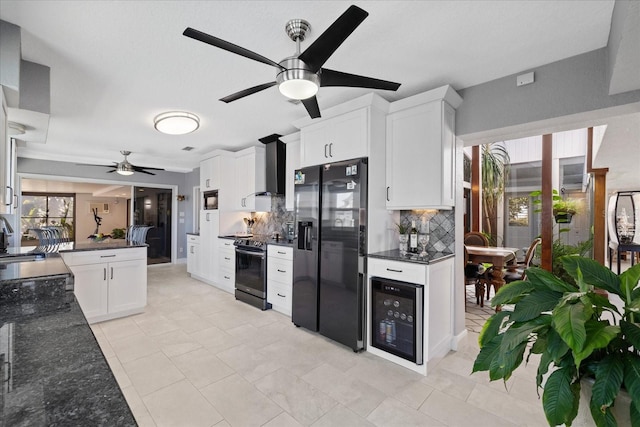 kitchen with white cabinetry, range with electric cooktop, fridge with ice dispenser, beverage cooler, and wall chimney exhaust hood