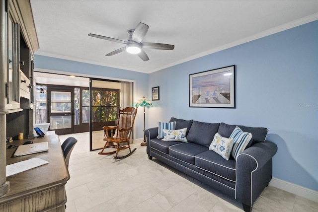 living room featuring crown molding and ceiling fan