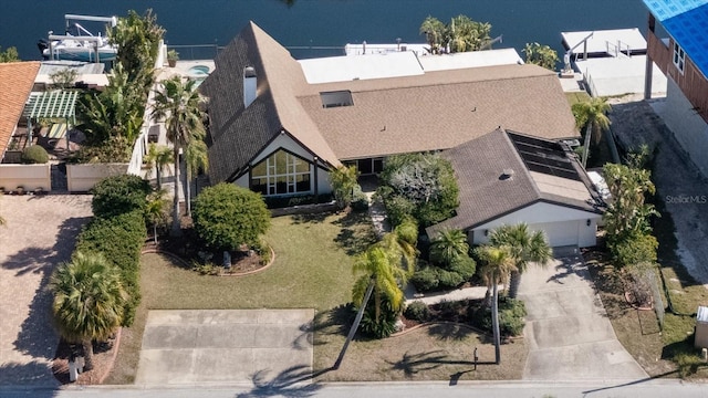 drone / aerial view featuring a water view