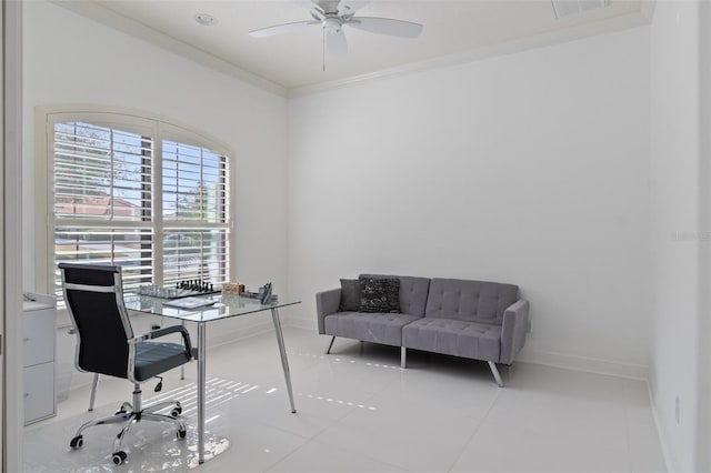 office with light tile patterned floors, crown molding, and ceiling fan