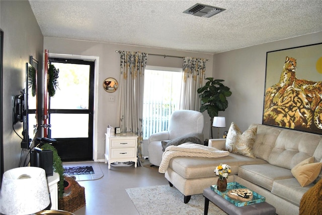 living room featuring a textured ceiling