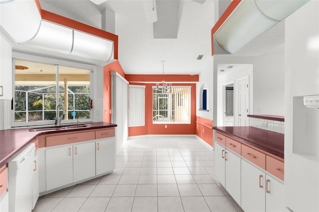 kitchen featuring white cabinetry, dishwasher, hanging light fixtures, and sink