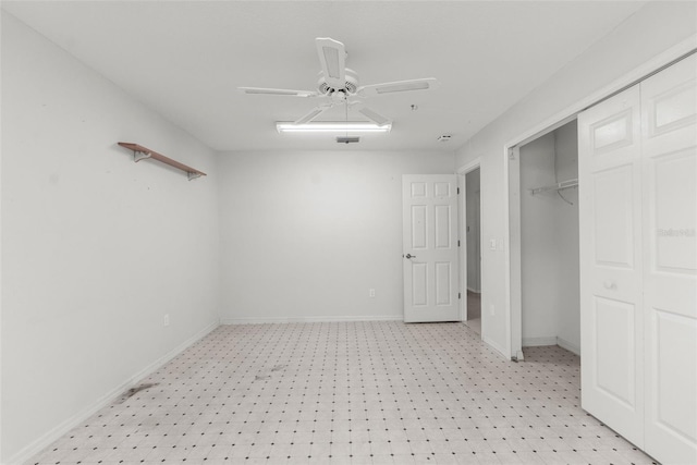 unfurnished bedroom with a closet and ceiling fan